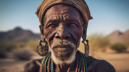 Portrait of an old man in the desert. Namibia.の素材