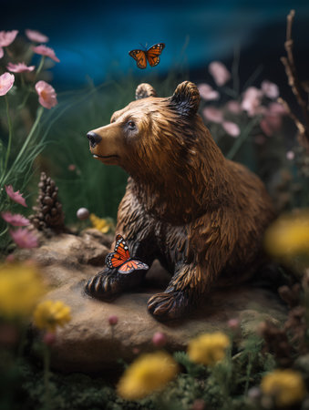 Teddy bear sitting on a rock with flowers and butterfly in the backgroundの素材