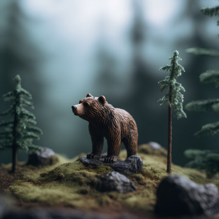 A closeup shot of a bear figurine standing on a mossy rockの素材