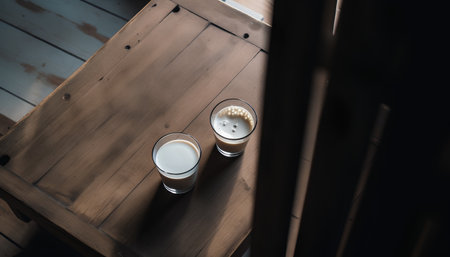 Two glasses of milk on a wooden table in a cafe, top viewの素材