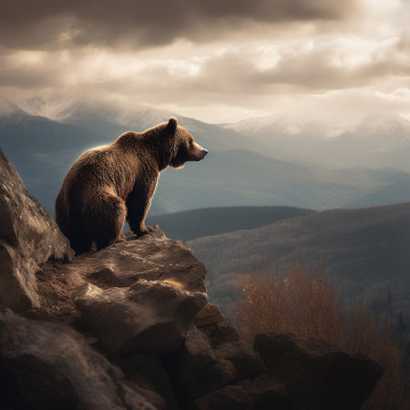 Brown bear on a rock in the mountains at sunset. 3d renderingの素材