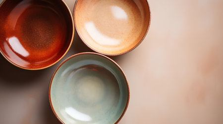 Ceramic tableware on a beige background, top viewの素材