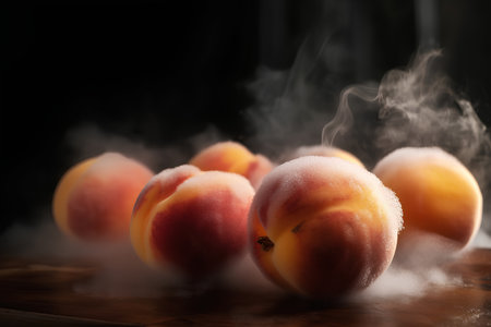 Peaches with smoke on a black background. Shallow depth of field.の素材