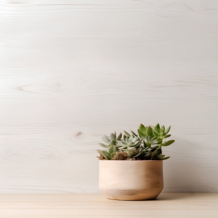 Succulent plant in a pot on a wooden background. Minimalistic design.の素材
