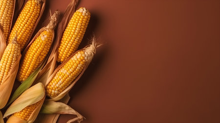 Ripe corn on the cob on a brown background with space for textの素材