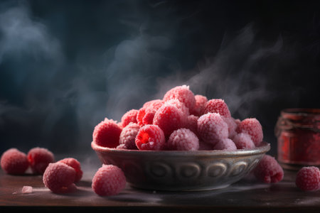 Frozen raspberries in a bowl with smoke. Selective focus.の素材
