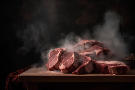 Raw fresh meat on wooden board with smoke over dark background. Selective focusの素材