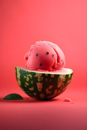 Watermelon ice cream in a watermelon on a red background.の素材