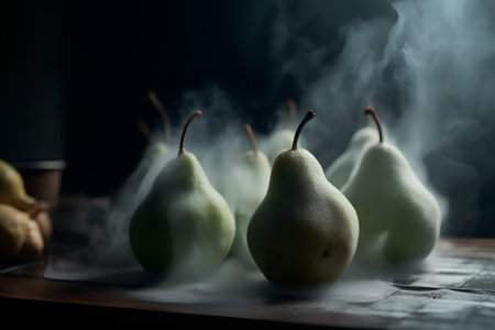 Still life with pears and smoke on a dark background. Selective focus.の素材