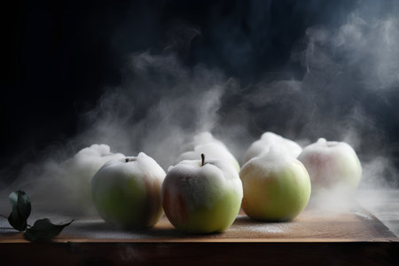 Frozen apples on a wooden table with smoke in the background.の素材