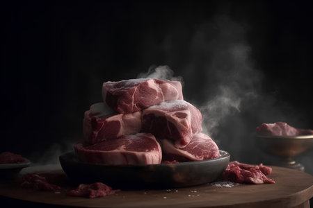 raw meat on the table with smoke on a dark background, verticalの素材