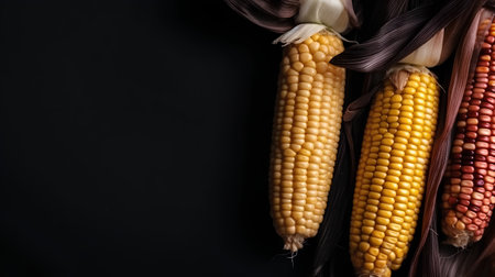 Fresh corn on the cob on a black background with space for textの素材