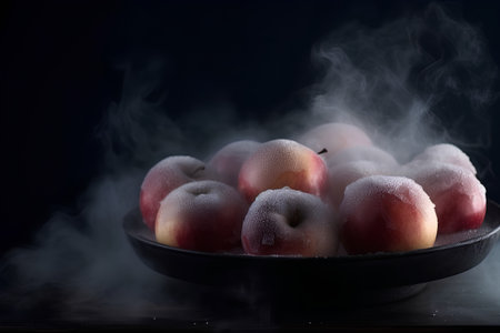 Frozen apples in a pan on a black background with smoke.の素材