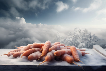 Fresh carrots on snow in front of snowy mountains. Winter landscape.の素材