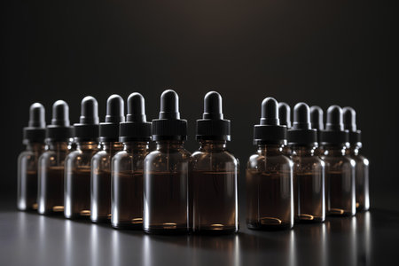 Glass dropper bottles with cosmetic oil on dark background. 3d renderの素材