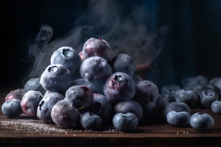 Fresh blueberries on a wooden table with smoke in the background.の素材