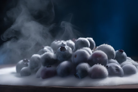 Frozen blueberries on a wooden table with smoke in the backgroundの素材