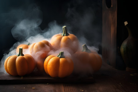Autumn still life with pumpkins and smoke on wooden background.の素材