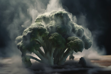 Broccoli on a wooden table with smoke coming out of it.の素材