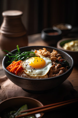 Bowl of asian rice with fried egg and vegetables over wooden backgroundの素材