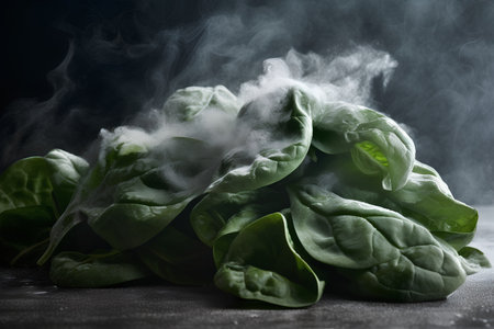 Fresh spinach leaves with smoke on dark background. Selective focus.の素材