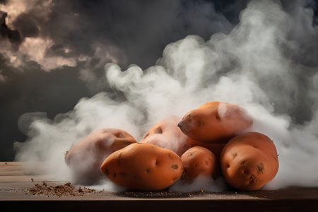Potatoes on a wooden table with smoke coming out of them.の素材