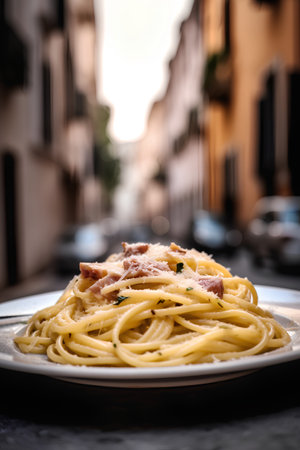Spaghetti Carbonara with bacon and parmesan cheese on a plateの素材