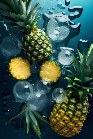 Pineapples and ice cubes on dark blue background. Summer concept.の素材
