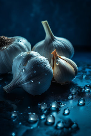 Garlic with water drops on a dark blue background. Selective focus.の素材