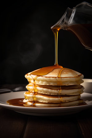 Pouring maple syrup on stack of pancakes with maple syrup. Black background.の素材