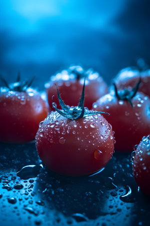 Fresh cherry tomatoes with water drops on dark background. Selective focus. Toned.の素材