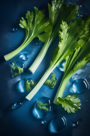 Fresh celery on blue background with water drops. Toned.の素材