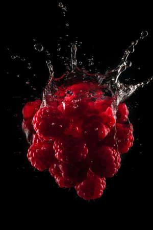 Raspberries falling into water with splash, isolated on black backgroundの素材