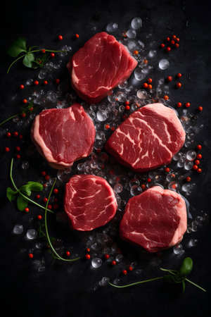 Raw beef steak on ice with herbs and spices on dark background, top viewの素材