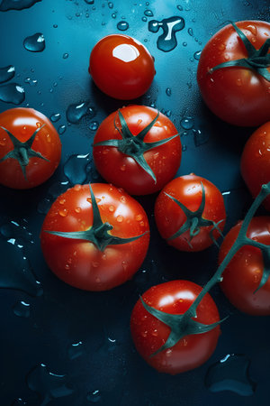 Ripe red cherry tomatoes on a dark blue background with water dropsの素材