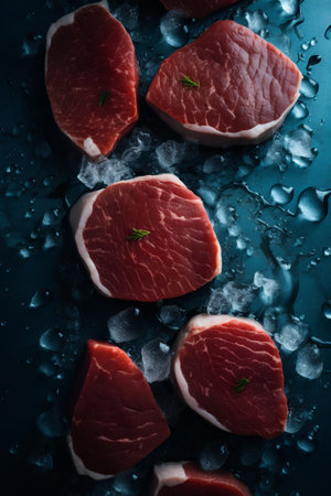Raw fresh beef steak with ice cubes on black background, top viewの素材