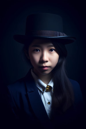 Asian woman in suit and top hat on black background, vintage toneの素材