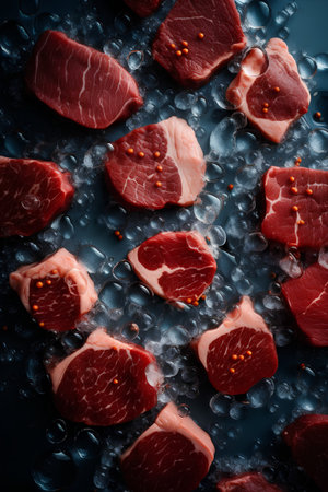 Pieces of raw beef meat with spices and ice cubes on black background. Top viewの素材
