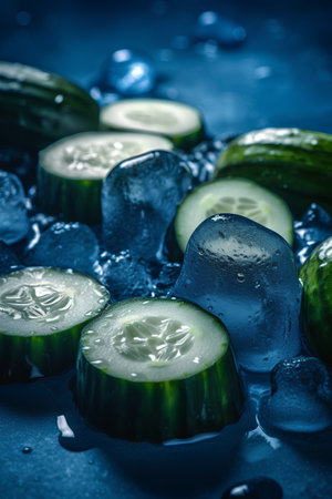 Cucumber slices with ice cubes on dark blue background. Toned.の素材