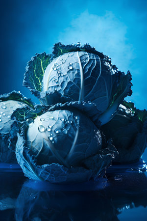 Fresh cabbage with water drops on a blue background. Close-up.の素材