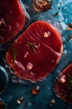Raw tuna steak with rosemary and spices on blue background. Top view.の素材