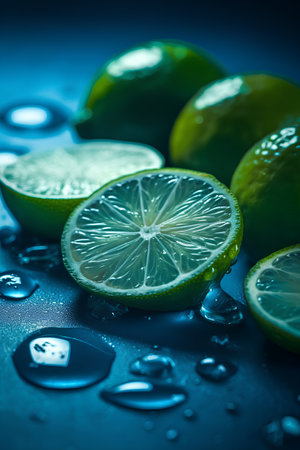 Fresh lime slices with water drops on blue background. Selective focus.の素材