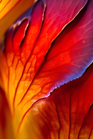 Macro shot of the petals of a red and yellow flowerの素材