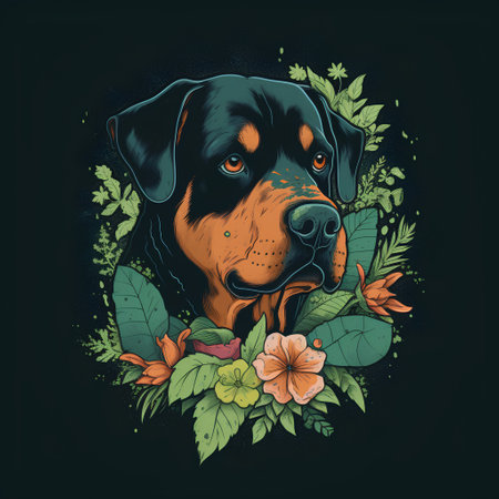 Rottweiler dog with flowers on black background. Vector illustration.の素材