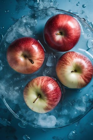 Red apples in a glass bowl with ice cubes on blue background.の素材
