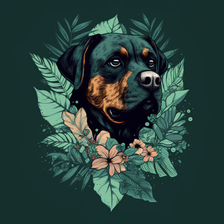 Rottweiler portrait with flowers and leaves. Vector illustration.の素材