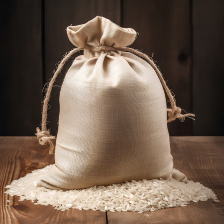 Rice in a burlap sack on a wooden background. Toned.の素材