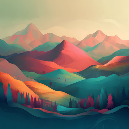 Landscape with mountains and forests. Vector illustration in cartoon style.の素材