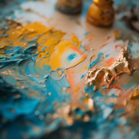Paint palette close-up. Blue, yellow and orange colorsの素材