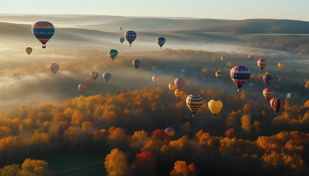 Colorful hot air balloons flying in the sky over the autumn forestの素材